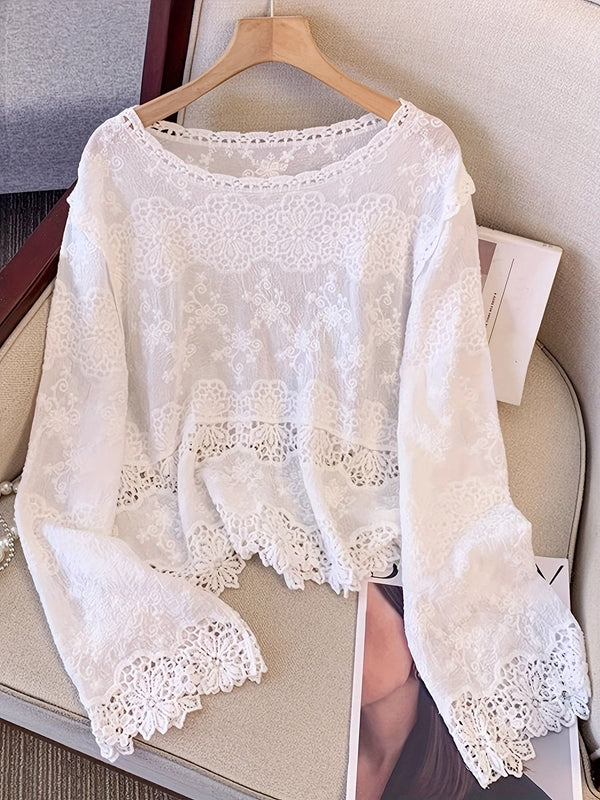 Damegenser med bohemsk geometrisk broderi - Langermet rund hals, blondelignende utskjæringsdesign, vår/høsttopp med avslappet og elegant passform, kun håndvask