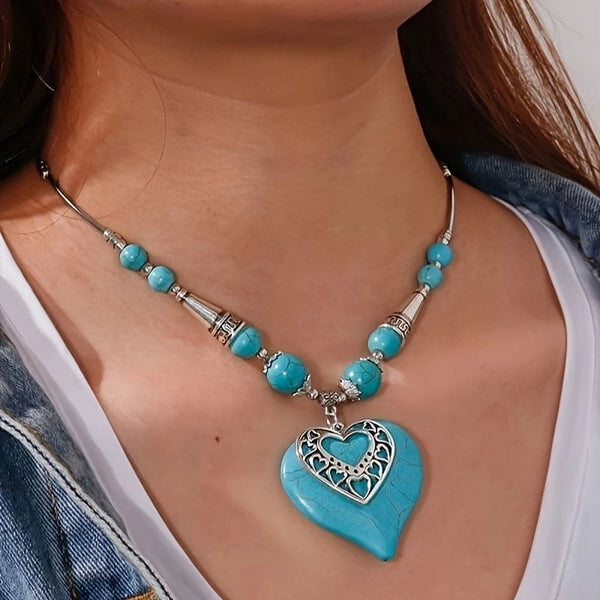 Turquoise Heart-Shaped Bohemian Chic Pendant Necklace - Unique Hollow Design with Multiple Elements, Ethnic Style Accents, and Durable Construction - Perfect for Everyday Wear and Gift-Giving