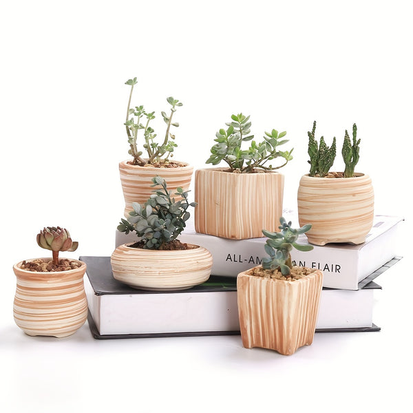 6 stk/sett dekorative keramiske blomsterpotter med dreneringshull - perfekt gaveidé for kvinner - mini blomsterpotte for sukkulenter, kaktus og blomster - tremønsterdesign - ideell for hjem, kontor og utendørs hage - 6,5 cm (planter ikke i)