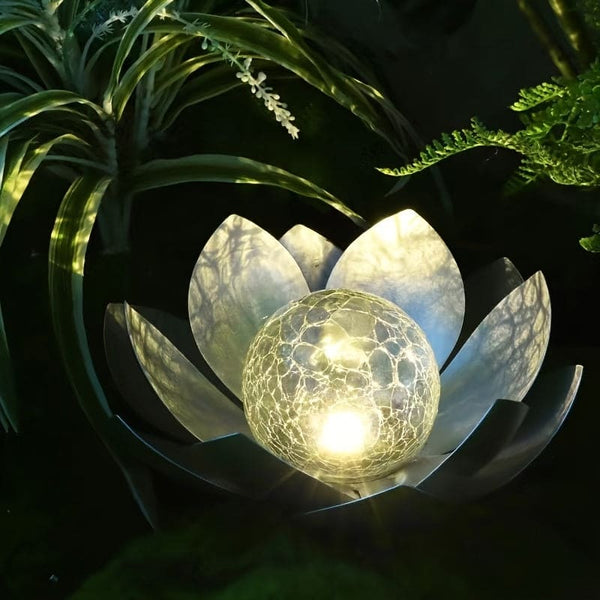 1pc Solar Lotus Flower Table Light with Glass Crack Ball - Waterproof LED Garden Decor Lamp for Ground Yard Patio Walkway Landscape - Perfect Holiday and Gardening Gift for Men and Women