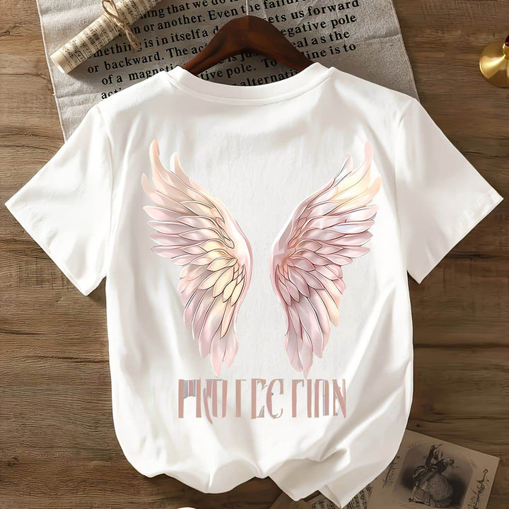 Women's Angel Wings Graphic T-Shirt - Casual Round Neck Short Sleeve Top, Soft Polyester & Spandex Blend, Machine Washable, All-Season Comfort, Angel Tshirt - MHMote