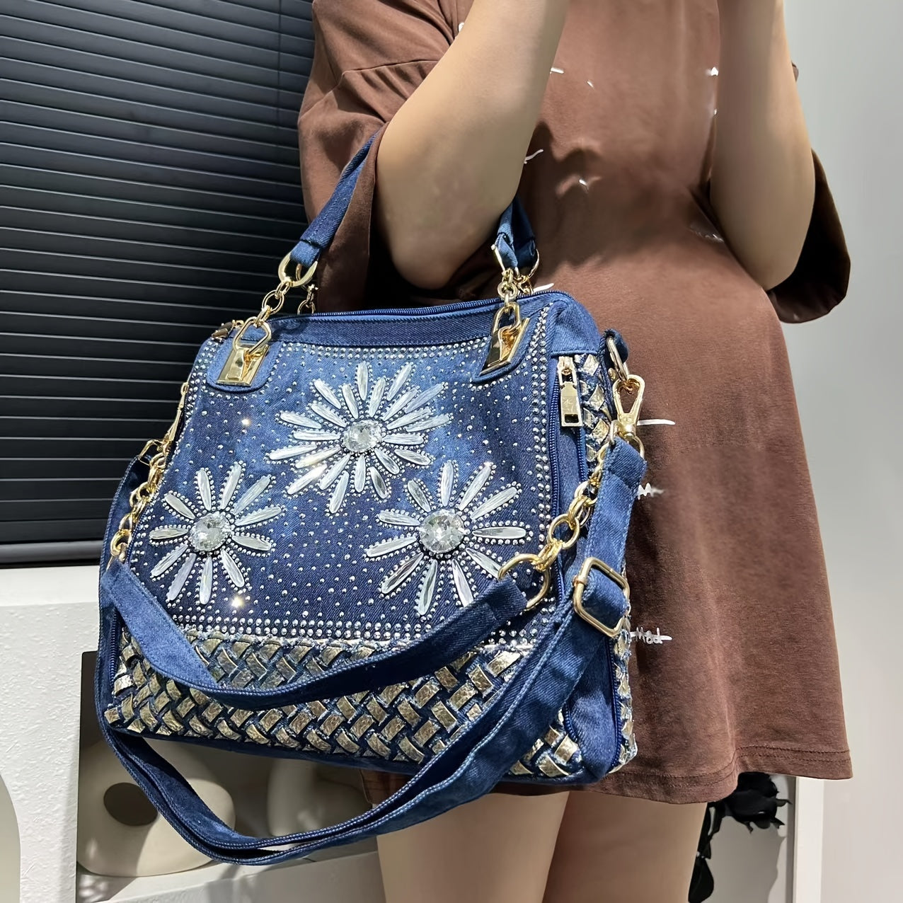 Elegant denim dameveske med glitrende rhinestones – stor kapasitet, gradientdesign, avtakbar stropp, glidelåslukking