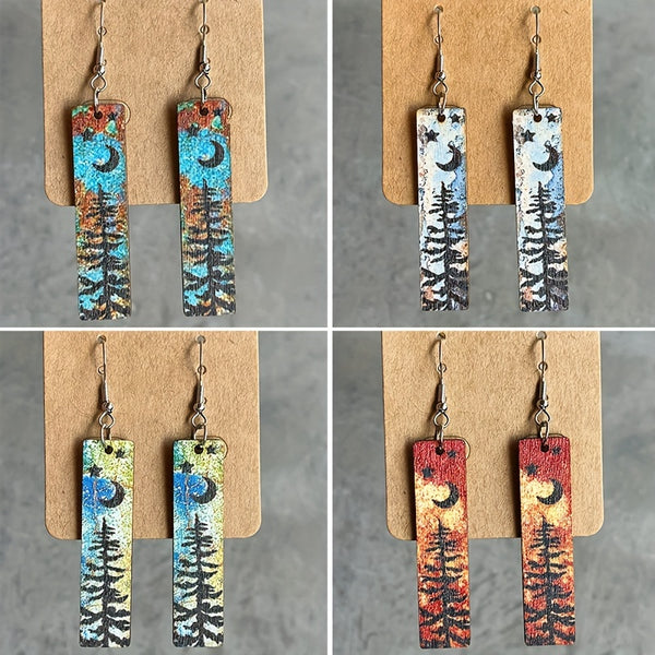 4 Pairs Vintage Western Style Dangle Earrings Pine Tree Star Moon Wooden Jewelry Women's Geometric Rectangle Drop Earrings