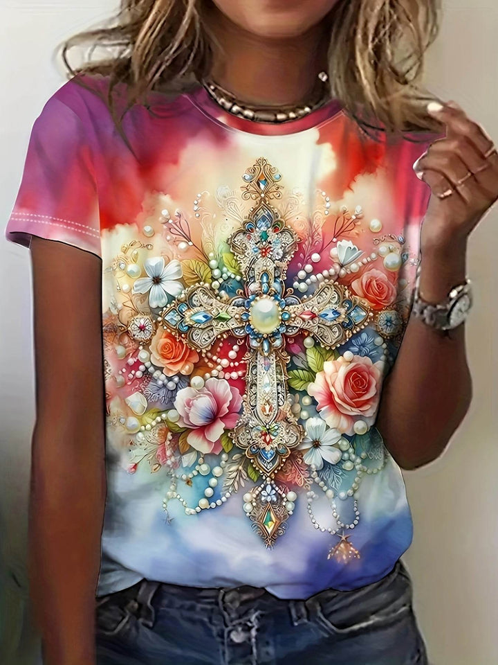 Vibrant Women's Floral Cross Print T-Shirt - Casual Crew Neck, Short Sleeve, Stretchy Polyester Blend, Machine Washable - Colorful Artistic Design for Spring & Summer - MHMote