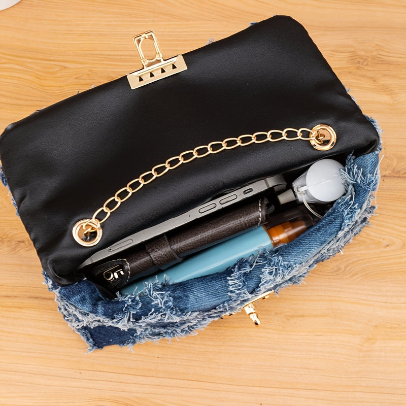 Elegant mini denim crossbody-veske for kvinner - Allsidig rutete cowboy-stil med avtakbar kjedestropp, lett og stilig, skulderveske, lås, ny stil