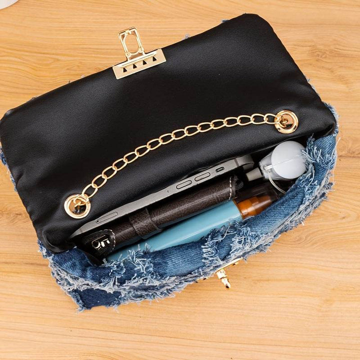Chic Mini Denim Crossbody Bag for Women - Versatile Checkered Cowboy Style with Detachable Chain Strap, Lightweight & Stylish, Shoulder Bag, Lock, New Style - MHMote