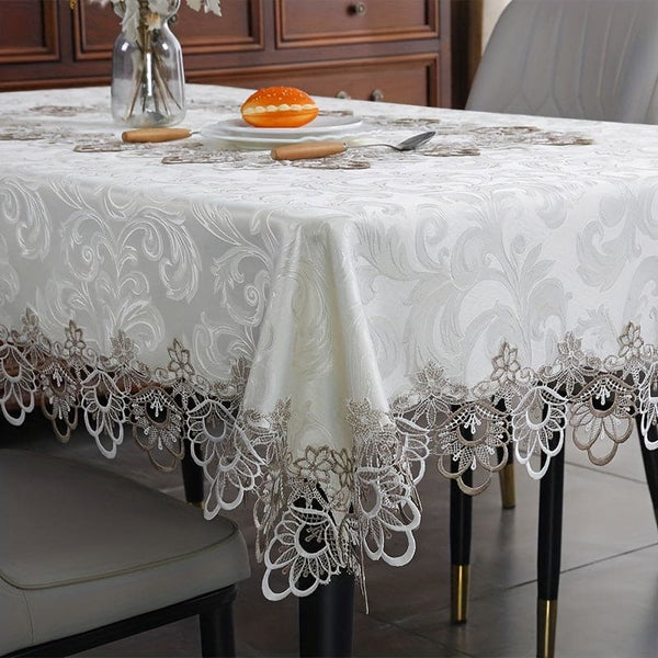 1pc, Beige Rectangular Tablecloth, Exquisite Lace Waterproof Pattern Table Cover, Christmas, Halloween, Wedding Party Holiday Table Decoration, Table Coffee Table Dresser Table Cover..