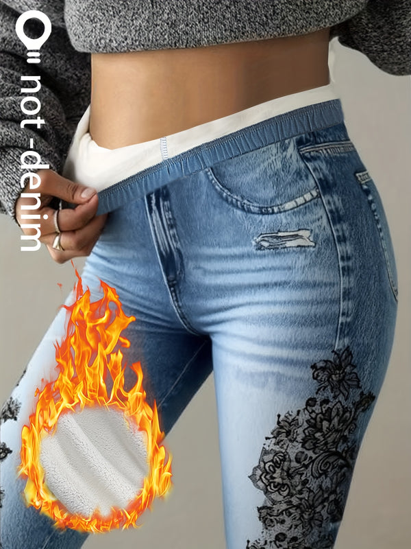 【imitasjonsdenim】Disse er fleecefôrede leggings i imitasjonsdenim-stil for høst og vinter, designet for et moteriktig og avslappet utseende. De er trendy for kvinner, egnet for daglig pendling og allsidige antrekk. Leggen
