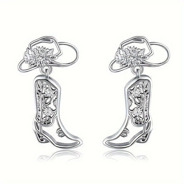 Women's Western Cowboy Boot Drop Earrings With Floral Design, Perfect For Daily Wear, Holiday Parties, & Gifts For Loved Ones - 1 Pair