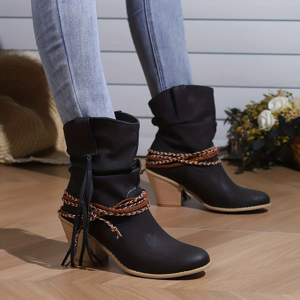 Womens Vintage-Inspired Chunky Heeled Cowboy Boots - Fashionable Tassel & Braided Band Detail, Slip-On Comfort, Soft Slouchy Texture - Retro Short Western Boots