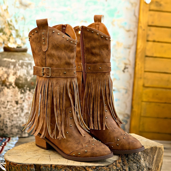 Womens Stylish Western Boots - Eye-catching Tassel Embellishments, Thick and Sturdy Chunky Heel, Fashionable Side Zipper - Designed for Fashion-Forward Women, Perfect for Everyday Wear