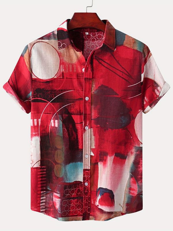 Herreskjorte med korte ermer i linfarget tie-dye-stil, Hawaii-skjorte for sommerferie på stranden