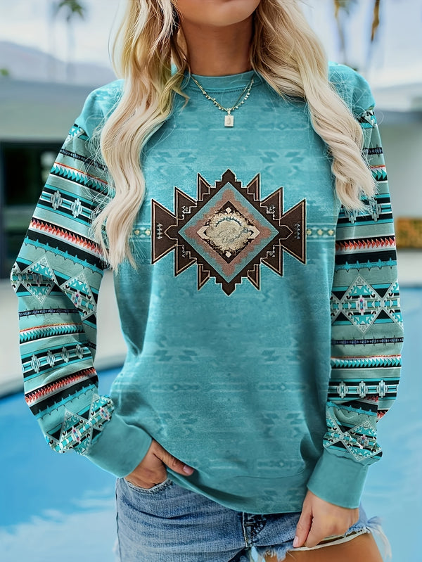 Dame-T-skjorte i vintage vestlig etnisk stil, langermet t-skjorte med geometrisk mønster og rund hals, strikkestoff i 95 % polyester og 5 % spandex, fritidsklær hele året