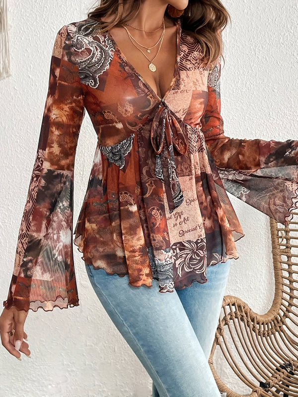 Elegant damebluse med paisleytrykk og V-hals, rysjedetaljer og knyting foran - Langermet, blomstermønster, lett polyester, perfekt for vår/sommer/høst