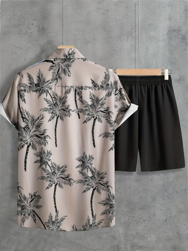 Kokosmønster, herreklær i 2 deler, casual skjorter med krage, slag, knapper, korte ermer, sett med Hawaii-skjorte og shorts med snøring for sommeren, herreklær