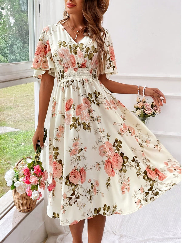 Floral Print Short Sleeve A-line Dress, Elegant V Neck Shirred Waist Dress For Spring & Summer, Women's Clothing