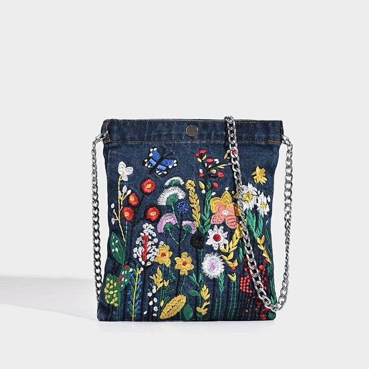 Embroidered Flowers Women Cowboy Shoulder Bag Fashion Chain Ladies Messenger Bags Denim Handbag Blue - MHMote