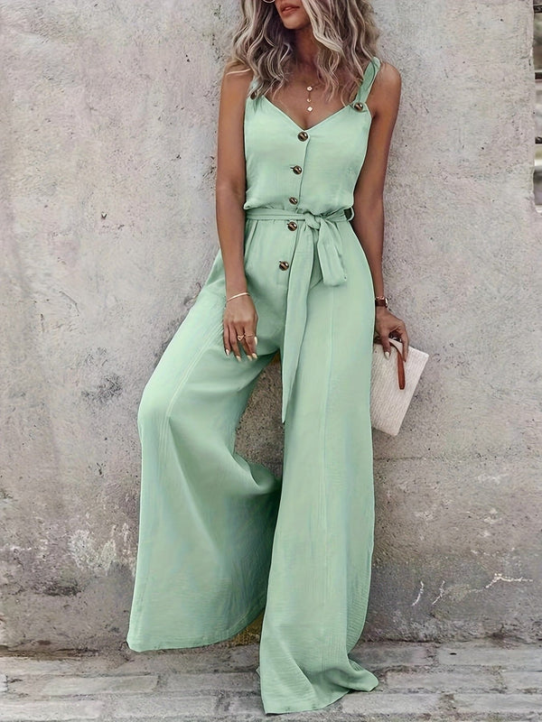 Damesommerjumpsuit med ensfarget knapping og vide ben - Ermeløs, bare skuldre, avslappet passform med beltedetaljer, perfekt for ferie og fritidsantrekk, Jumpsuit med fritidsantrekk | Jumpsuit med avslappet passform | Jumpsuit med belte