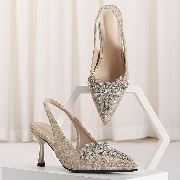 Women'S Rhinestone-Embellished Pointed-Toe Stiletto Heel Pumps - Glamorous Striped Fabric Upper with Adjustable Ankle Straps & Sparkling Embellishments, PU Sole for Spring Formal Events, High Heel Shoes, Formal Footwear, Glam