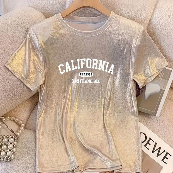 Women'S Sparkle California Graphic Tee - Casual Crew Neck, Stretchy Polyester Knit, 95% Polyester 5% Elastane, 160g/m², All Seasons, Machine Washable - Regular Fit Princess T-Shirt - MHMote