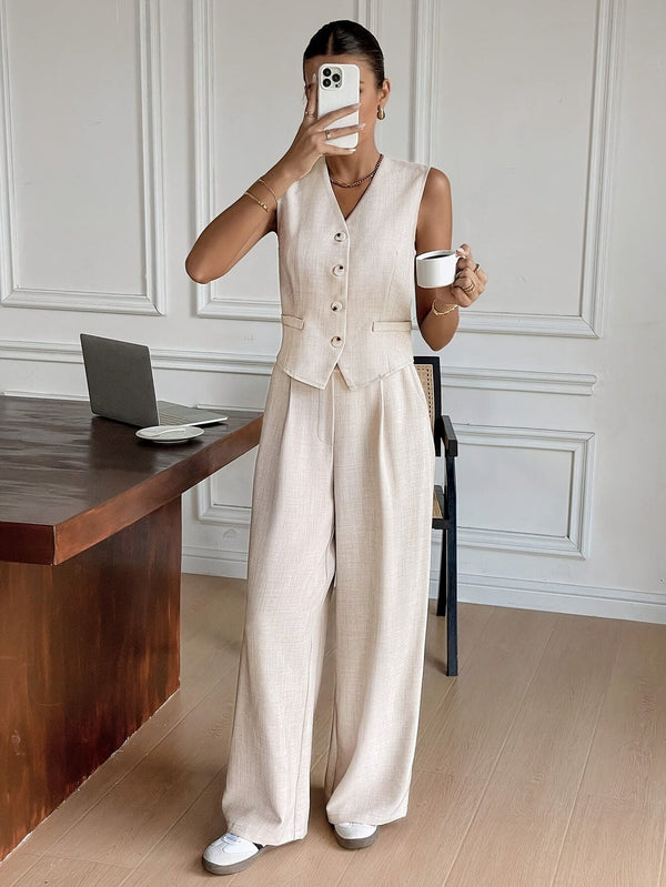 Elegant ermeløs sett med enkeltspent topp og bukse for dame - Beige, Polyester, Vår-/sommermote, Lommedetaljer, Enkeltspent topp | Ermeløs topp | Polyesterstoff
