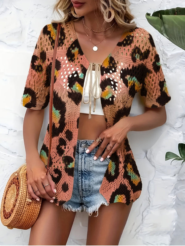 Vår- og sommerkolleksjon, elegant for pendling, bohemsk stil for strandferier, med fargeblokkerte leopardmønstre og stjernehimmelmønstre med knyting i skallkant, kortermet damestrikket cardigan, vestomslag-U
