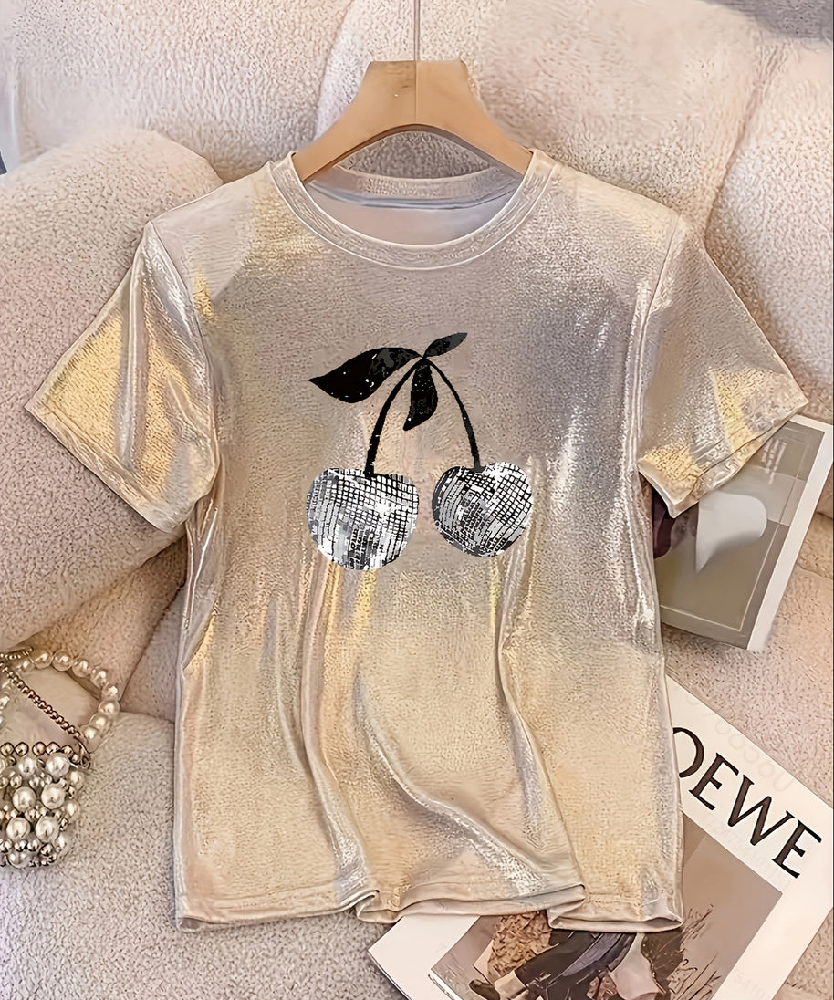 Women's Sparkling Champagne Cherry Graphic T-Shirt - Casual Round Neck, Stretchy Polyester Blend, Metallic Sheen with Black Cherry Design, Perfect for Parties & Casual Attire