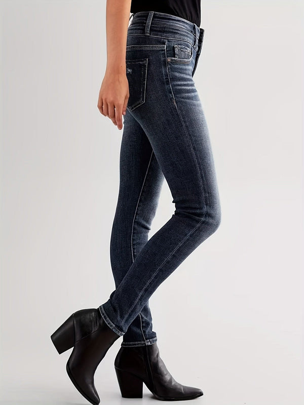Dame vintage skinny jeans med høy stretch, ensfarget denim, knappedetalj, lang lengde, vevd stoff, for høst/vinter - utflukter