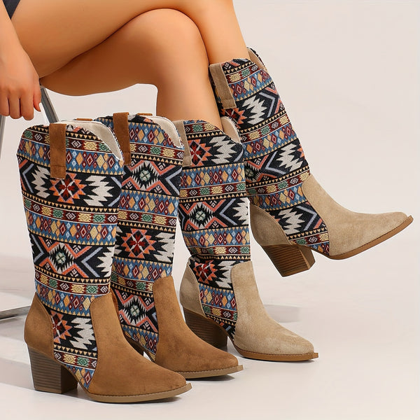 Women's Mid-Calf Cowboy Boots - Geometric Pattern with Block Heel, Pointed Toe, Slip-on, Fabric Upper & Lining, Rubber Sole - European-Inspired Taizhou High-Heeled Western Riding Boots