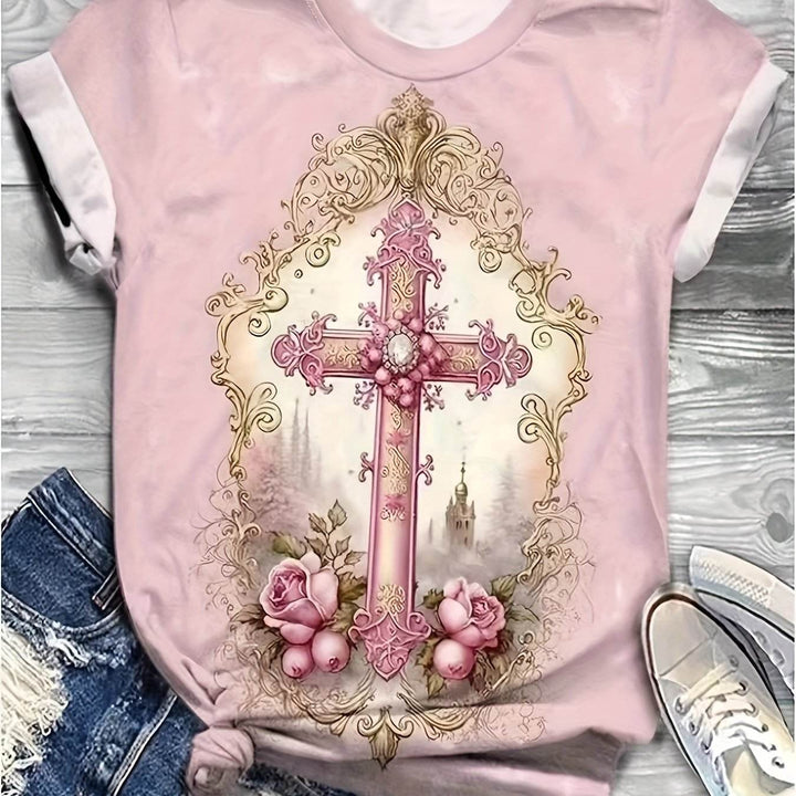 Stylish Pink Floral Cross Print Women's T-Shirt - Casual Crew Neck, Short Sleeve, Polyester & Spandex Blend, Machine Washable, Ladies T Shirts - MHMote