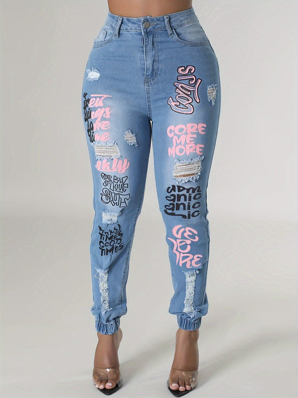 Pluss størrelse damejoggejeans med høy midje, lett stretch, graffititrykk og revet knappgylf – Komfortabel fritidsbruk for alle årstider – Bomullsblanding, posisjoneringstrykk, vevd konstruksjon