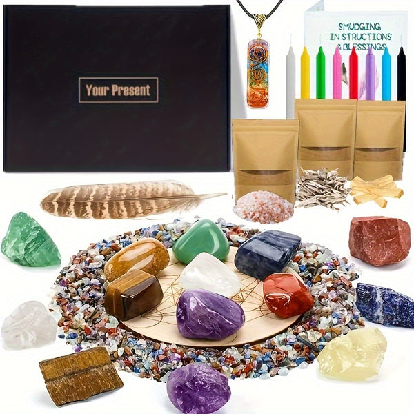 32/24PCS Crystals And Healing Stones Set, 7 Raw & Tumbled Chakra Stones, White Sage, Palo Santo, 2.82oz Crushed Stones, Necklace, 8 Magic Candles, Feather, Salt - Wooden Grid And Box For Beginners Meditation Yoga