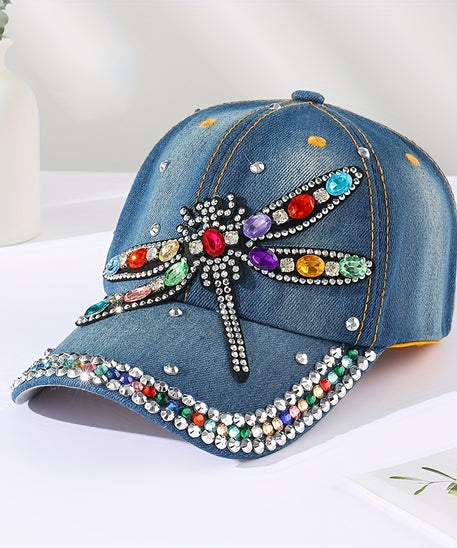 Rhinestone Dragonfly Patch Baseball Cap Blue Denim Washed Distressed Dad Hat Sun Hats For Women