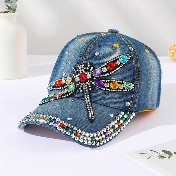 Rhinestone Dragonfly Patch Baseball Cap Blue Denim Washed Distressed Dad Hat Sun Hats For Women - MHMote