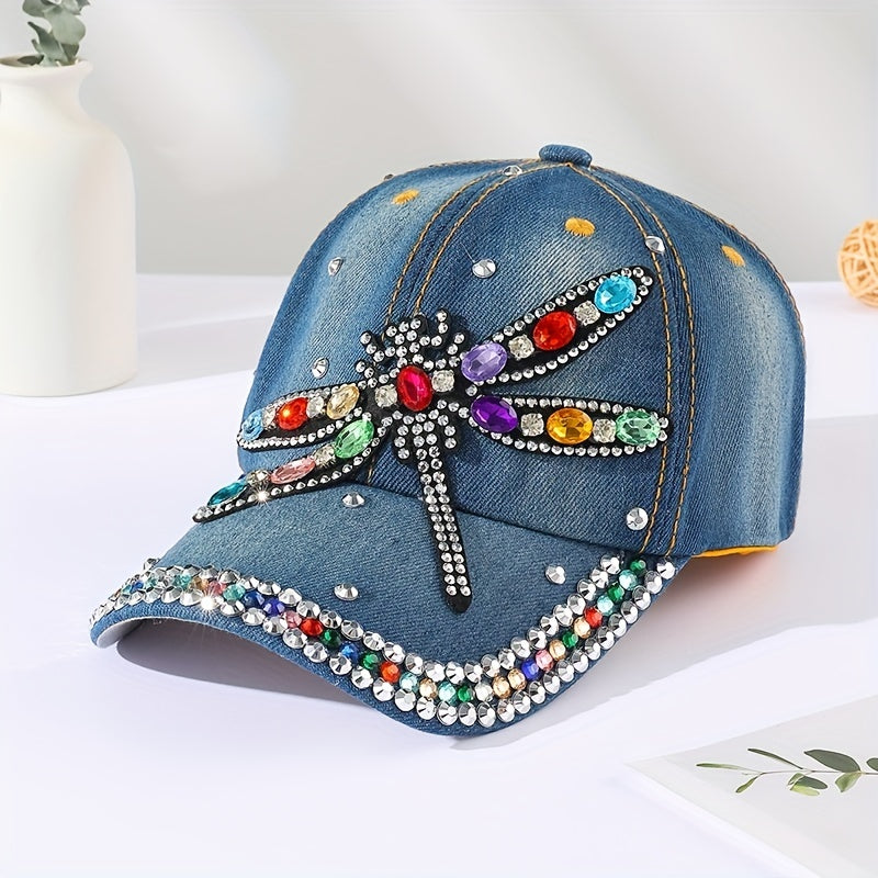 Rhinestone Dragonfly Patch Baseball Cap Blue Denim Washed Distressed Dad Hat Sun Hats For Women