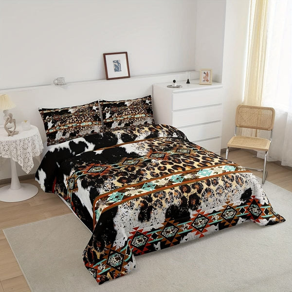 Sengetøysett med gepardtrykk, vestlig sengetøysett, eksotisk aztekisk quilt, svart og hvitt kuskinn, dyneinnlegg med kutrykk, gårdsdyr, okseskinn, romdekor, cowboys, gaver til kvinner