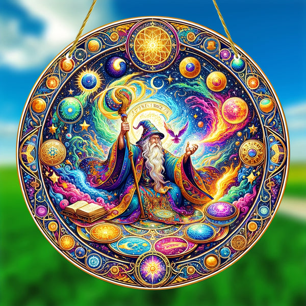 1pc, Magician Stained Round Suncatcher (8"X8"), Colorful Art Window Hanging Decoration, Holiday Decoration, Wreath Decoration, Wall Art Decoration, Porch, Living Room, Garden, Bedroom, Home Decor, Birthday Gift For Friends Gi