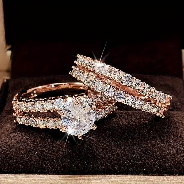 2pcs Set, 18K Golden Plated Copper Rings, Simple Style, Synthetic Cubic Zirconia, Bridal Wedding Engagement Rings for Women, Versatile Daily & Special Occasion Jewelry - MHMote