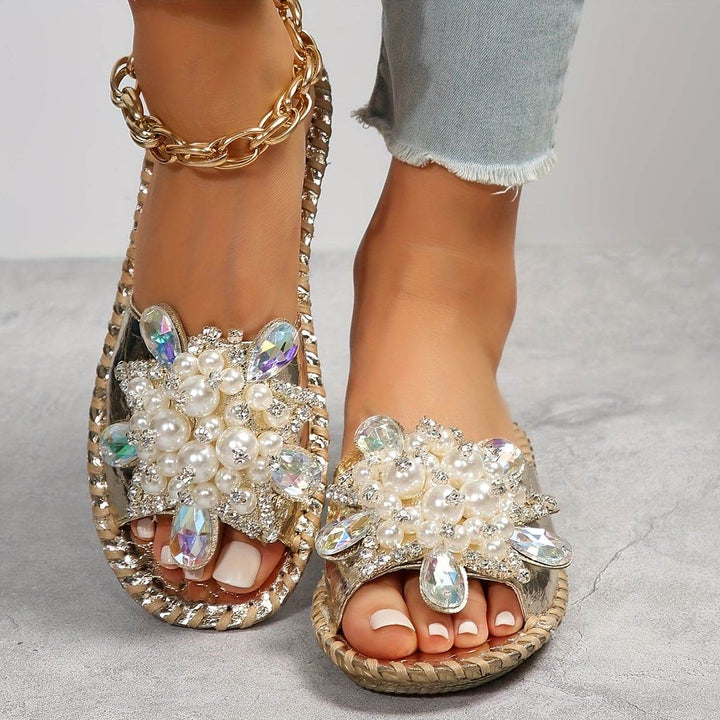 [Durable Build] Elegant Women's Open-Toe Slide Sandals with Handcrafted Floral Rhinestone & Pearl Accents - Fashionable Beige Slip-On Flats, Perfect for All Seasons - MHMote