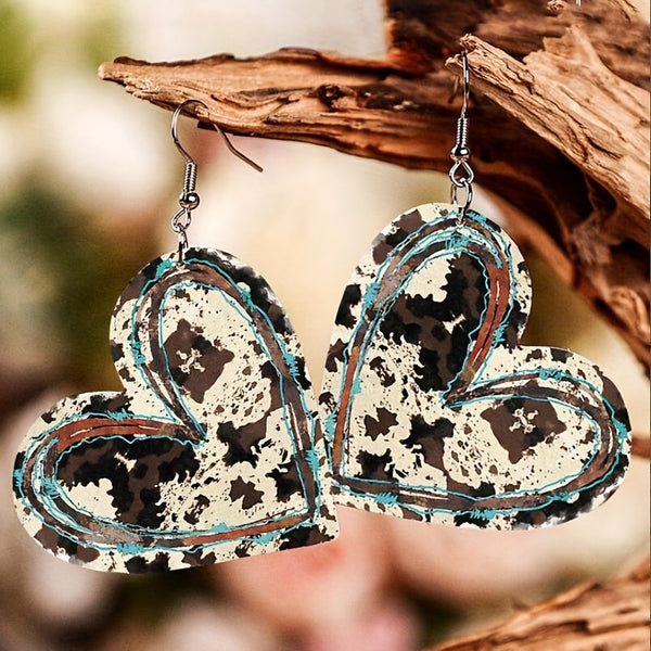 Vintage Heart Shape Cow Pattern Dangle Earrings Retro Western Style PU Leather Jewelry Trendy Holiday Earrings