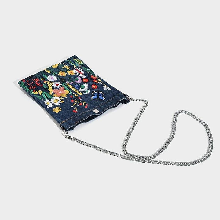 Embroidered Flowers Women Cowboy Shoulder Bag Fashion Chain Ladies Messenger Bags Denim Handbag Blue - MHMote