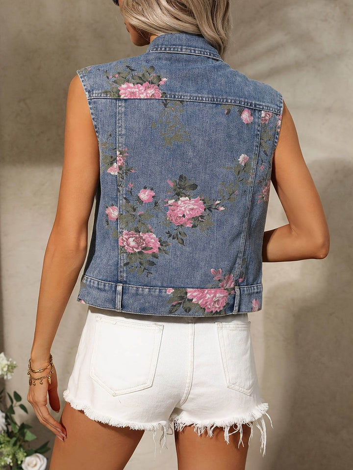 Women's Floral Print Sleeveless Denim Vest Jacket, Elegant Style, Classic Jean Waistcoat with Button Closure for Casual Outfit - MHMote