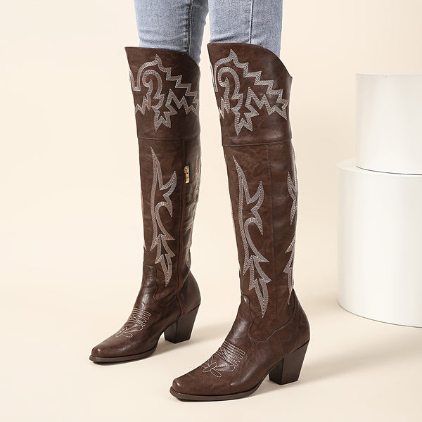 Rikt broderte damestøvletter med høy kne - Glatt glidelås i siden, ultrakomfortabel kraftig hæl, trendy spiss tå - Western Cowboy-inspirert mote