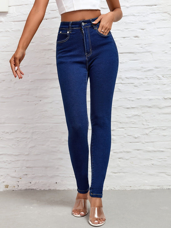 Dypblå elastiske denimbukser med høy midje, sexy klassiske skinny jeans med lommer, denimjeans og klær til dame