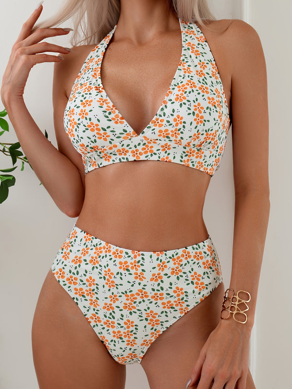 Chic Ditsy Floral Halter Bikini Set - Adjustable Neck, Backless Design, Stretchy 2-Piece Swimsuit for Womens Summer Stylish Swimwear