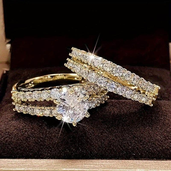 2pcs Set, 18K Golden Plated Copper Rings, Simple Style, Synthetic Cubic Zirconia, Bridal Wedding Engagement Rings for Women, Versatile Daily & Special Occasion Jewelry - MHMote