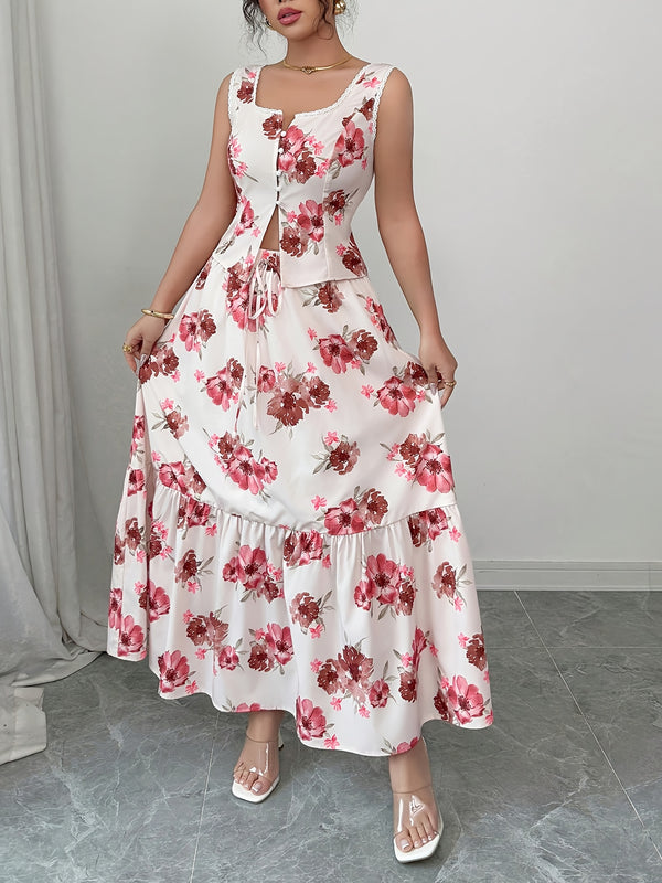Elegant blomstertrykk ermeløs maxiskjørt og toppsett for dame - Polyester, Knapper, Firkantet hals, Helårsmodell, Avslappet stil, Avslappet antrekk | Blomstertrykkskjørt | Polyesterstoff