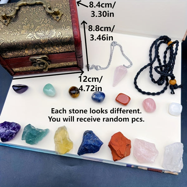 18pcs Healing Crystals Set Energy Crystals For Meditation Beginners - 7pcs Natural Tumbled Crystals & 7pcs Raw Stones & Quartz Pendulum & Velvet Bag & Woven Rope & Vintage Style Wooden Treasure Box