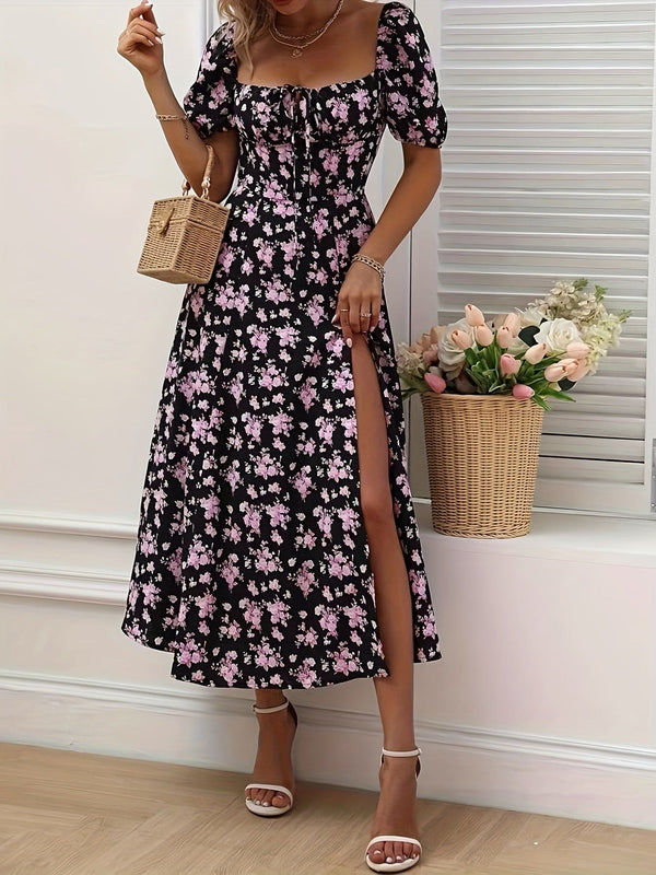 Floral Print Puff Sleeve Dress, Chic Split Hem A-line Dress For Spring & Summer, Women's Clothing
