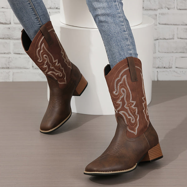 Retro cowboystøvler med firkantet tå for kvinner - Komfortabel westernstil med kraftig hæl - Vintage Chic, hverdagsbruk, uanstrengt av og på